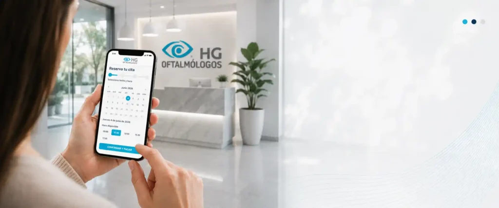 Paciente reservando y pagando una cita oftalmológica desde su smartphone en una clínica oftalmológica HG Oftalmólogos.